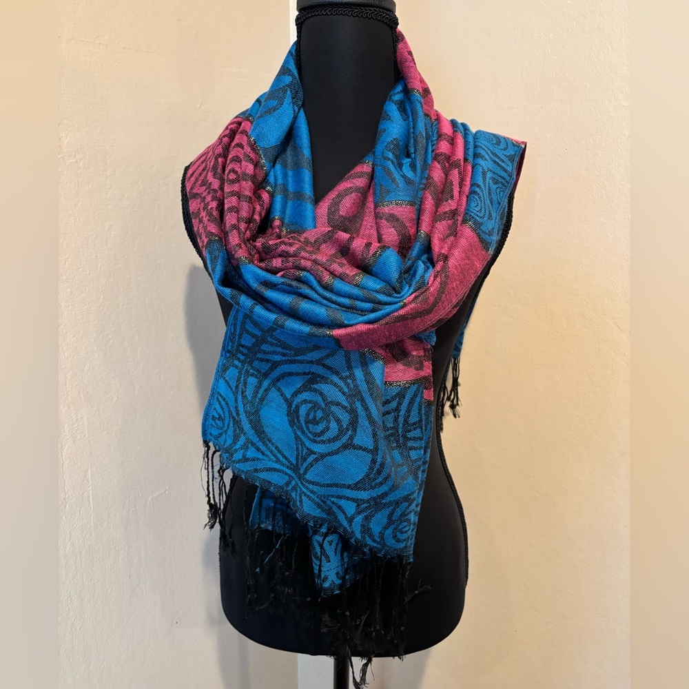 Beautiful Burgundy and Cobalt Multi-Pattern Scarf with Fringe